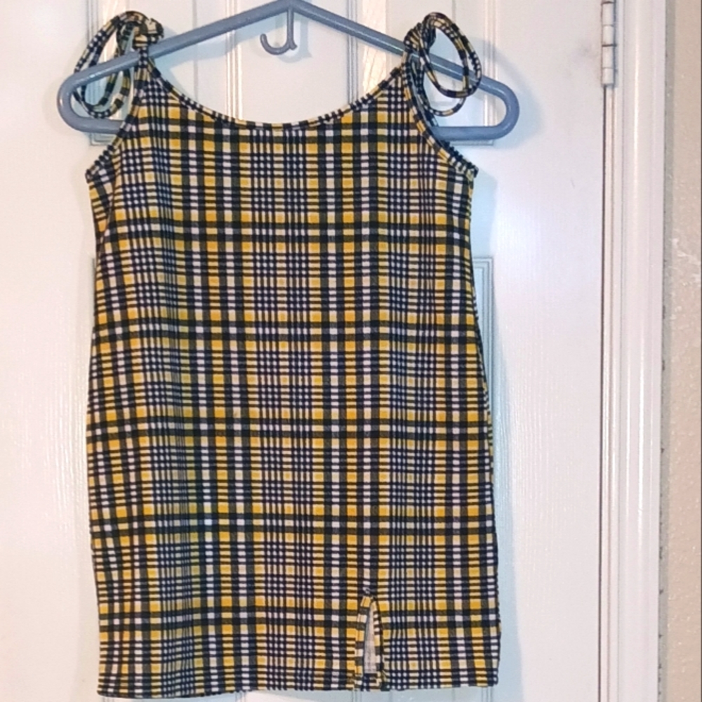 Plaid Print Split Hem Knotted Shoulder Overall Dress